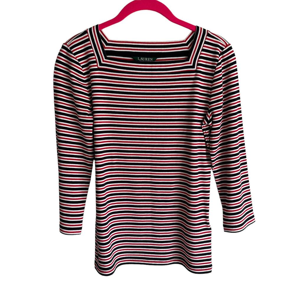 RALPH LAUREN Red, White and Blue Ladies Striped Square Neck Ladies Top, PM